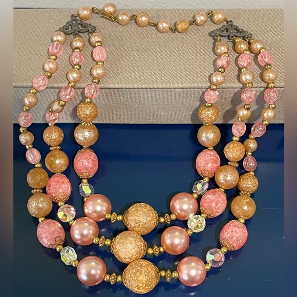 Vintage Jewelry - Pink Beaded Necklace Triple Strand Choker 18” Mid Century Vintage 50s 60s